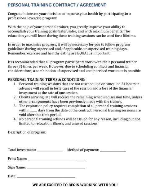 Personal training client agreement form