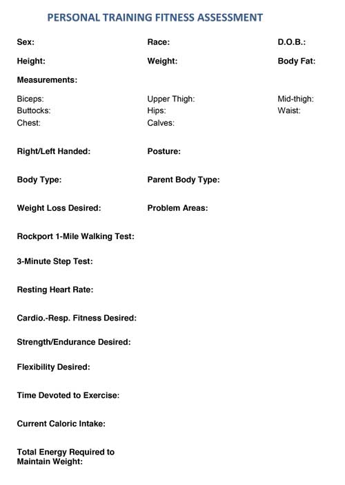 Worksheet client personal trainer 